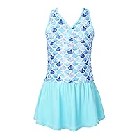 3pcs Kids Girls Tankini Swimsuit Printed Swimwear Top with Briefs and Skirt Bottoms Blue Fish Scales 16