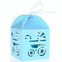 Blue Candy Ribbon Boxes Laser Cut Baby Shower Carriage Shower Favor Bomboniere Gifts (50pcs, Blue)