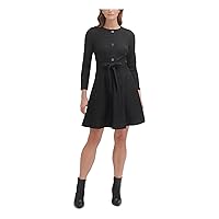 DKNY Womens Glitter Tie Zippered Long Sleeve Round Neck Above The Knee Party Fit + Flare Dress