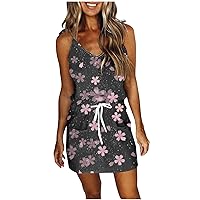 Womens Boho Floral Printed Dress Spaghetti Strap V Neck Beach Mini Sun Dress Sling Drawstring Belt Dress with Pockets