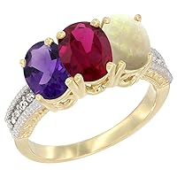 14K Yellow Gold Natural Amethyst, Enhanced Ruby & Natural Opal Ring 3-Stone 7x5 mm Oval Diamond Accent, Sizes 5-10