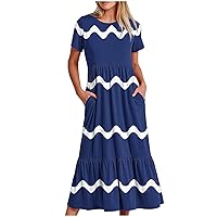 Women Striped Print Short Sleeve T Shirt Dress Casual Empire Waist Tiered Long Maxi Dress Beach Vacation Party Dress