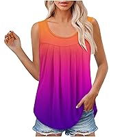 Women Elegant Gradient Crewneck Pleated Tank Tops Summer Casual Loose Fit Sleeveless Beach T-Shirts for Vacation