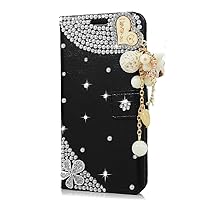 Crystal Wallet Case Compatible with Samsung Galaxy S21 FE 5G - Heart Pearl Pendant - Black - 3D Handmade Sparkly Glitter Bling Leather Cover with Screen Protector & Beaded Phone Lanyard