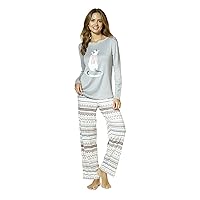 HUE Women’s Brushed Loose Knit Holiday & Winter 2 Piece Pajama Gift Set – Includes Soft PJ Top & Printed PJ Pant