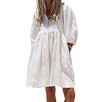 chouyatou Women's Summer Puff Sleeve Cotton Tunic Dress V-Neck Mini Vacation Babydoll Dress