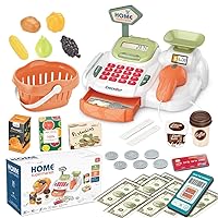 Pretend Play Cash Register Toy with Functional Caculator Cashier Scanner Toy Supermarket with Simulate Food Fruit etc Kids Grocery Store Play Money Food Shop Toy Educational Playset for Kids