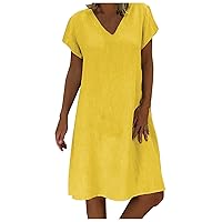 Tshirt Dress Plus Size, Summer for Women 2024 Casual Short Sleeve V Neck Ruffle Midi Flowy Dresses Engagement Photoshoot House Dresses Women with Pockets Short Women Sundresses (3XL, Yellow)