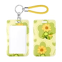 ID Card Badge Holder with Metal Keyring, Plastic Slide Open Card Holder Case with Key Chain for Students, Teachers, Nurses, Office Workers, Sunflower