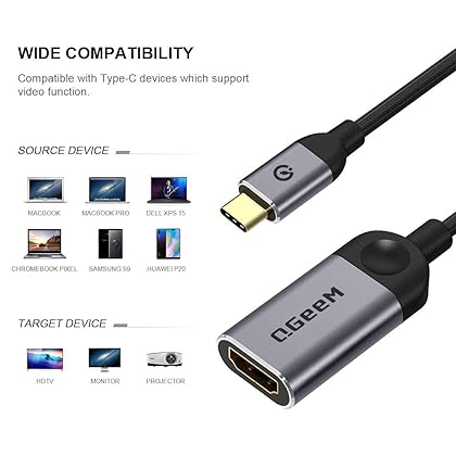 QGeeM USB C to HDMI Adapter 4K Cable, USB Type-C to HDMI Adapter [Thunderbolt 3 Compatible] Compatible with MacBook Pro 2018/2017, Samsung Galaxy S9/S8, Surface Book 2, Dell XPS 13/15, Pixelbook More