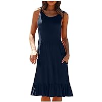 Clearance Warehouse Deals Women's Summer Sundress with Pockets Casual Pleated Ruffle Hem Knee Length Tank Dress Sleeveless Beach Dresses Vestido Verano Mujer Navy