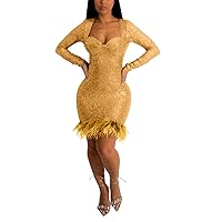 XJYIOEWT Summer Dresses for Women 2024 Short Flowy, Women Sexy Solid Color Sequin Feather Zipper Pack Hip Dress Cocktai