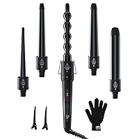 5 in 1 Curling Wand Set: Ohuhu Curling Iron Wand 5Pcs 0.35 to 1.25 Inch Interchangeable Ceramic Barrel Heat Protective Glove 2 Clips Dual Voltage Hair Curler for Girls Women Mother Gift Black