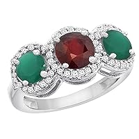 PIERA 14K White Gold Enhanced Ruby & Emerald Sides Round 3-stone Ring Diamond Accents, sizes 5-10