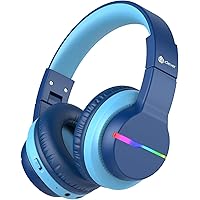 iClever BTH12 Kids Bluetooth Headphones,Colorful LED Lights Wireless Headphones,74/85/94dB Volume Limited,55H Playtime,Bluetooth 5.2,Over Ear Headphones Built-in Mic for iPad/Tablet/Airplane,Blue