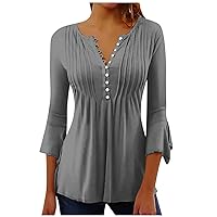 Basic Tops for Women V Neck Trending Three Quarter Sleeve Patterns Stretch Pleated Blouses & Button-Down Shirts