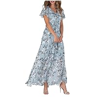 Women's Chiffon V Neck Modest Dresses for Women 2024 Short Sleeve Evening Party Trendy Beach Floral Flounce Elegant