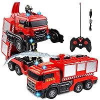 Toysery Remote Control Fire Truck for Kids with Spray Water Pump. One Button Press Deformation with Flashing Lights and 4 Fire Engine Siren Sound Effects