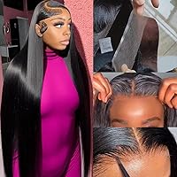 34 Inch Wear and Go Glueless Wigs Human Hair Pre Plucked Pre Cut 13x4 Straight Lace Front Wigs Human Hair for Women 180% Density HD Lace Frontal Wig Human Hair with Baby Hair Natural Color