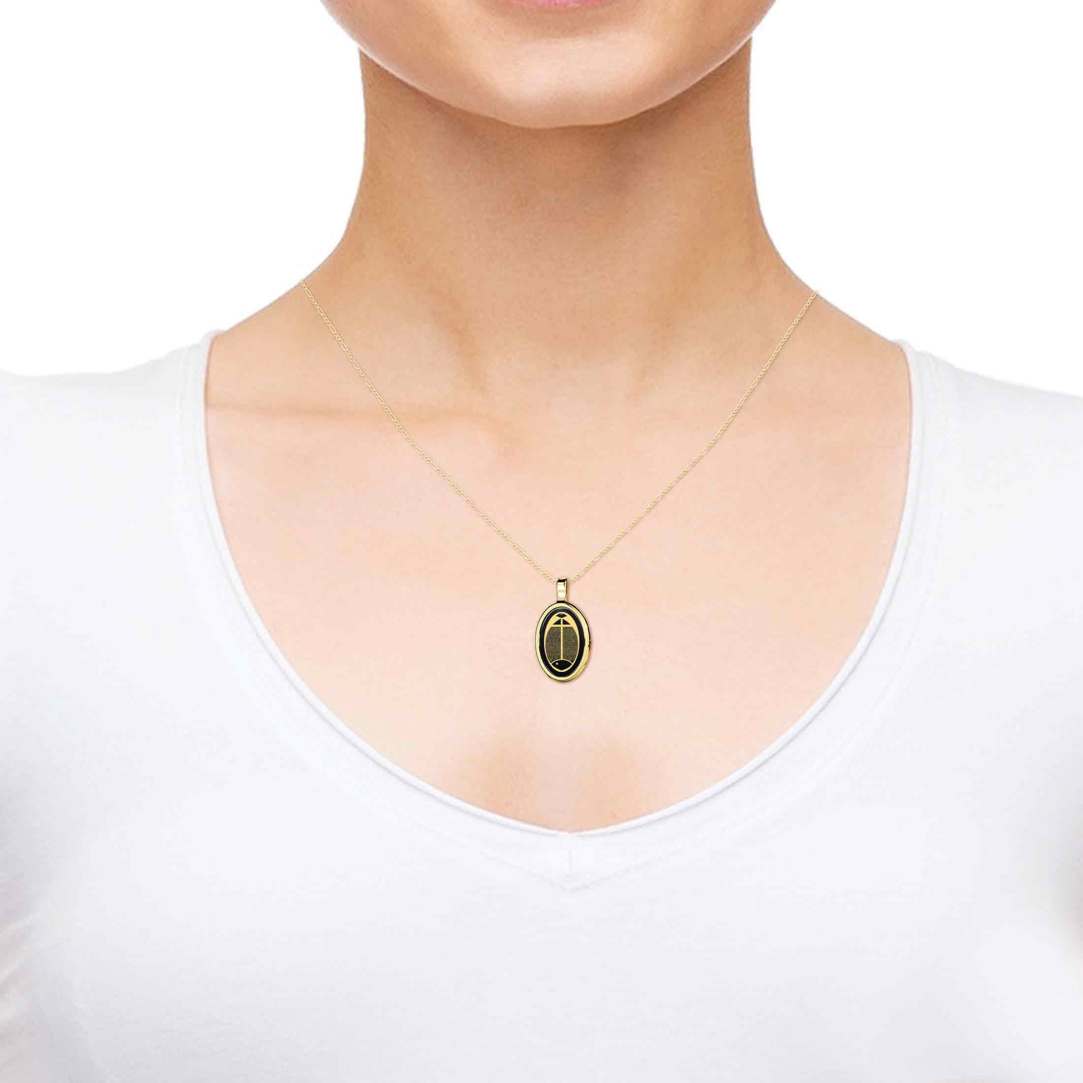Nano Jewelry Christian Cross Necklace - Fish Pendant Inscribed with Luke 5:1-11 and John 21:3-12 in 24k Gold on Oval Black Onyx Stone, 18