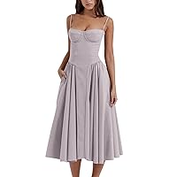 2024 Dresses for Women's Summer Fashionable Solid Color Floral Print Retro Court Style Suspender Pocket Dress