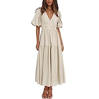 Woolicity Womens Summer Maxi Dress Wrap V Neck Short Sleeve Beach Flowy Long Dresses Apricot M