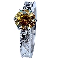 2.10 ct SI1 Round Moissanite Solitaire Engagement Silver Plated Ring Yellow Brown Color Size 7