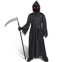 Spooktacular Creations Child Unisex Black Grim Reaper Robe Costume with Gloves, Scythe, Light-Up Glasses for Boys, Creepy Phantom Halloween Costume-M