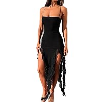 Women's Strappy Sexy Slimmy Dress Frill Detail Midaxi Dresses for Summer Beach Wedding Party