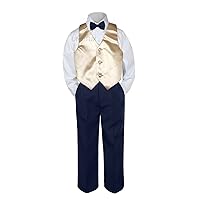 4pc Baby Toddler Kid Boys Champagne Vest Navy Blue Pants Bow Tie Suits Set S-7 (5)