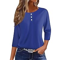 3/4 Length Sleeve Womens Tops Button Down Round Neck Tops Henley Shirts Dressy Basic Tee Blouse 2024 Summer Clothes