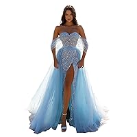 Glitter Sequin Prom Dresses 2022 Mermaid Slit Tulle Evening Sparkly Stretch Formal Gown with Undetachable Train DR0087