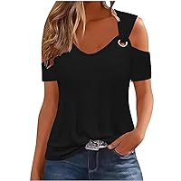 My Orders Summer Tops for Women 2024 Trendy Sexy Solid Cold Shoulder V Neck Blouse Tees Dressy Casual Short Sleeve Tunic Shirts Lightweight Going Out Workout Comfy Cotton Tshirts