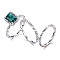 3pcs Emerald Wedding Set,6x8mm Green Gemstone Diamond Halo Engagement Ring Anniversary Stackable Band