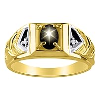 Rylos Mens Rings 14K Yellow Gold - Diamond & Black Star Sapphire Ring 7X5MM Color Stone Gemstone Rings For Men Mens Jewelry Gold Rings