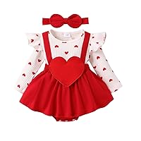 VISGOGO Toddler Baby Girl Valentines Day Romper Dress Ruffles Long Sleeve Heart Print Clothes Jumpsuit with Headband