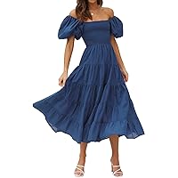 PrettyGuide Women's Off Shoulder Summer Midi Dress Short Puffy Sleeve High Waist Casual Smocked Flowy Tiered Ruffle Dress