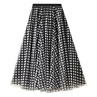 Globalwells Women High Waist Layered Plaid Tulle Skirt Elastic Midi Skirt Pleated A-Line Swing Skirt