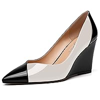 Women's Solid Patent Outdoor Casual Pointed Toe Slip On Wedge High Heel Pumps Shoes 3.3 Inch