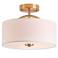 Bargeni Flush Mount Ceiling Light,13 inch Mid Century Modern Ceiling Light Fixture,Antique Brass with Fabric Shade,3-Light Drum Light Fixture for Bedroom,Dinning Room,Foyer and Kitchen