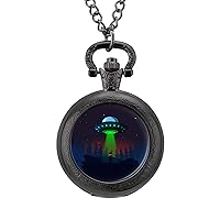 Alien UFO at Night Pocket Watches for Men with Chain Digital Vintage Mechanical Pocket Watch