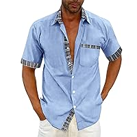 Casual Striped Dress Shirts for Men Button Down Mock Neck Comfortable T-Shirt Short Sleeve Linen Tee Tops