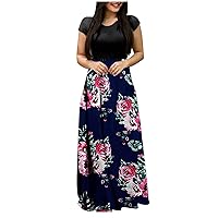 Women's Ombre Tie Dye Color Block Flowy Short Sleeve Long Floor Maxi Swing Round Neck Beach Casual Summer Foral Print Hawai
