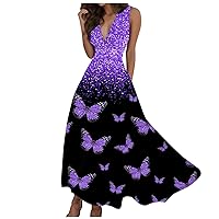 Sundresses for Women,2024 Summer Elegant Wrap V Neck Sleeveless Formal Maxi Dress,Trendy Floral Print Flowy Beach Dress