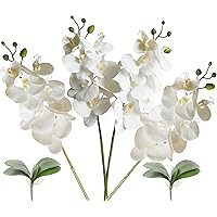 4 Pcs Artificial Real Touch Latex Phalaenopsis Orchid Stem Bouquets White with 2 Sets Leaves