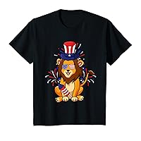 Kids Lion 4th Of July Funny Stars Stripes Fireworks Patriotic T-Shirt