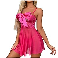 Women's Bowknot Strappy Chemise Sexy Lace Sheer Lingerie Babydoll with Thongs, Womens Boudoir Outfits for Honeymoon