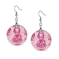 Breast Cancer Awareness Ribbon Roses Wood Dangle Earrings Round Pendant Drop Earrings Jewelry for Women Gifts