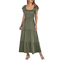 Dresses for Women 2024 Casual, Short Sleeve Tie V Neck/Square Neck Ruffled Long Flowy Dresses for Women, S-2XL