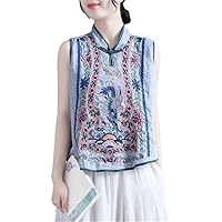 Retro Embroidered Cotton Vest for Women Stand Collar Button Top Chinese Style Pullover Summer